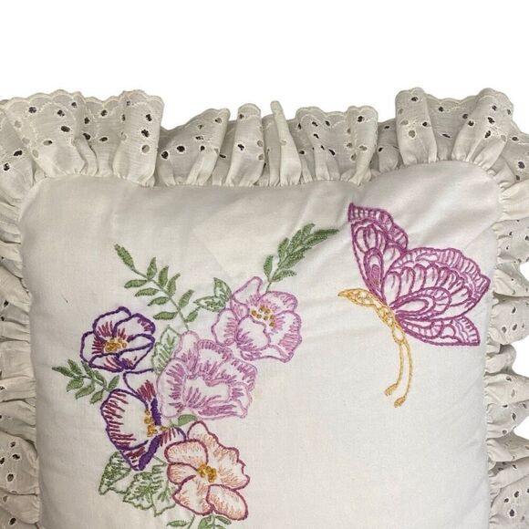 Vintage Embroidered Accent Pillow Floral Flowers Butterfly w Ruffle 17”x17” - Picture 2 of 7